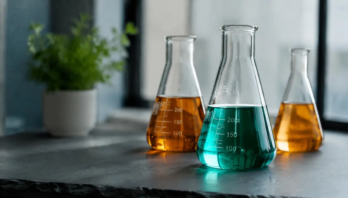 Glass laboratory flasks filled with teal and amber liquids on a slate bench